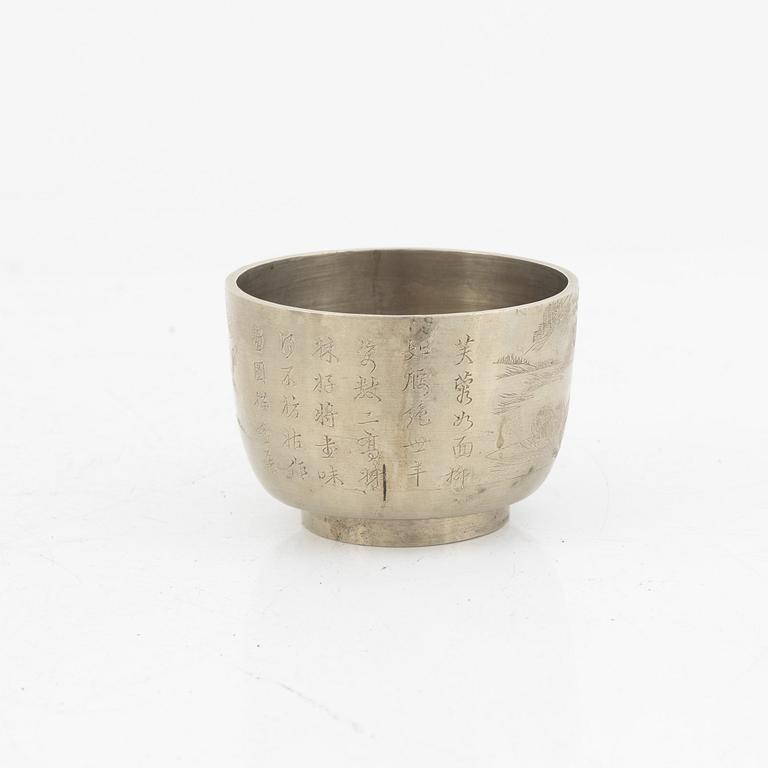 A stone placque and a metal cup, late Qing dynasty.