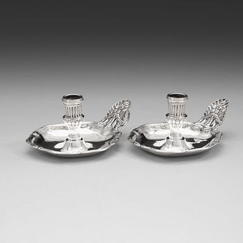 97. A pair of Swedish 18th century silver chamber-candlesticks, mark of Jonas Yman, Vaxjo 1783.