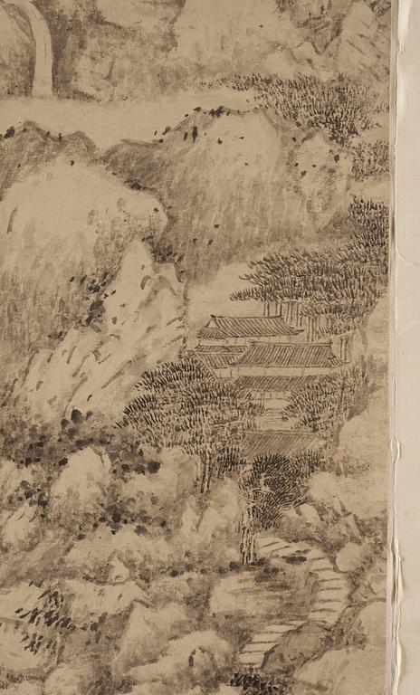 A hanging scroll of a rocky mountain landscape, late Qing dynasty copy after Wu Li (1632-1718).