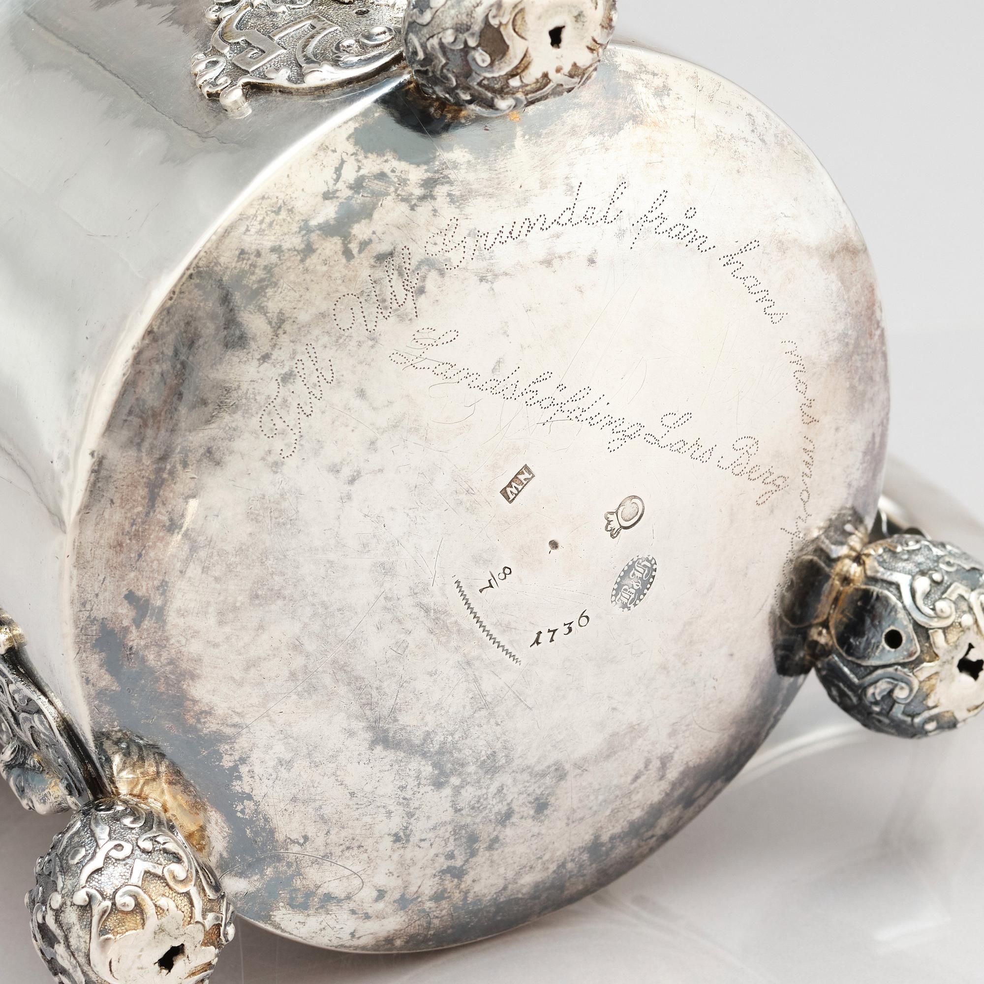 Niclas Warneck, dryckeskanna, silver, Karlstad 1736. Barock.