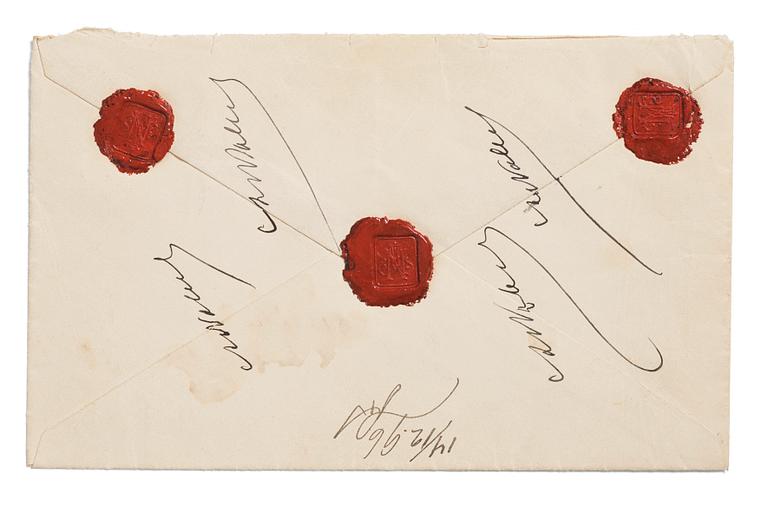 The envelope for Alfred Nobel's will from 1895, titled by his own hand: "Testament / My Will" and signed, with his seal.