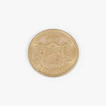 GULDMYNT, troligen ca 20 karat guld, Oscar II 10 kr. Vikt ca 4,5 gram.