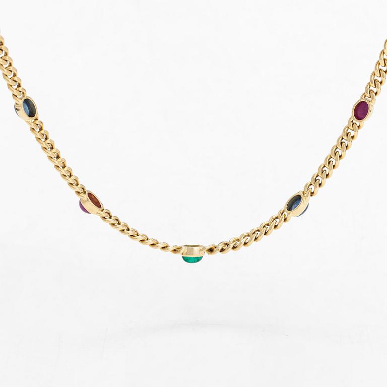 An 18K gold curb chain necklace, with cabochon-cut rubies, sapphires and emerald.