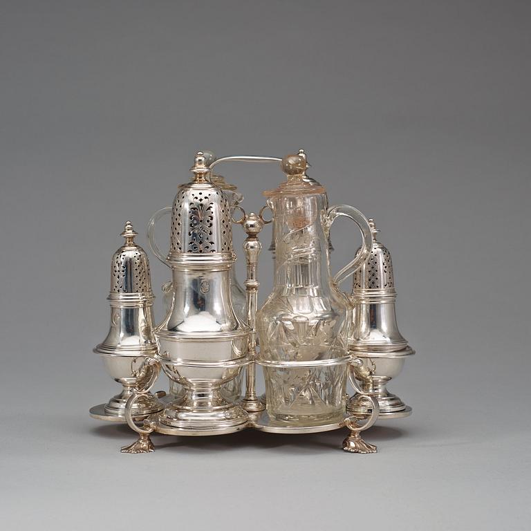 A Swedish mid 18th century silver cruet-stand, marks of Johan Lorenz Starin, Stockholm 1750.