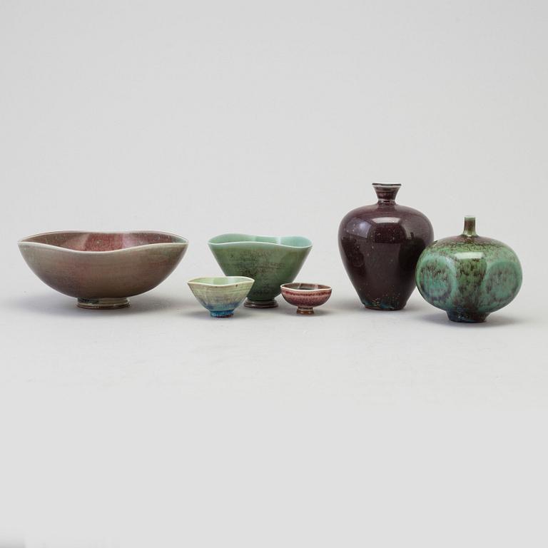 BERNDT FRIBERG, a set of two stoneware vases and four bowls, Gustavsberg studio, Sweden 1970's.