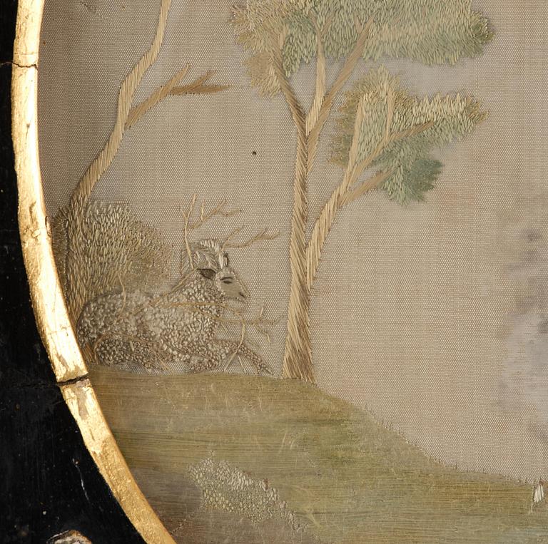 A late Gustavian frame and silk embroidery, dated 1802.