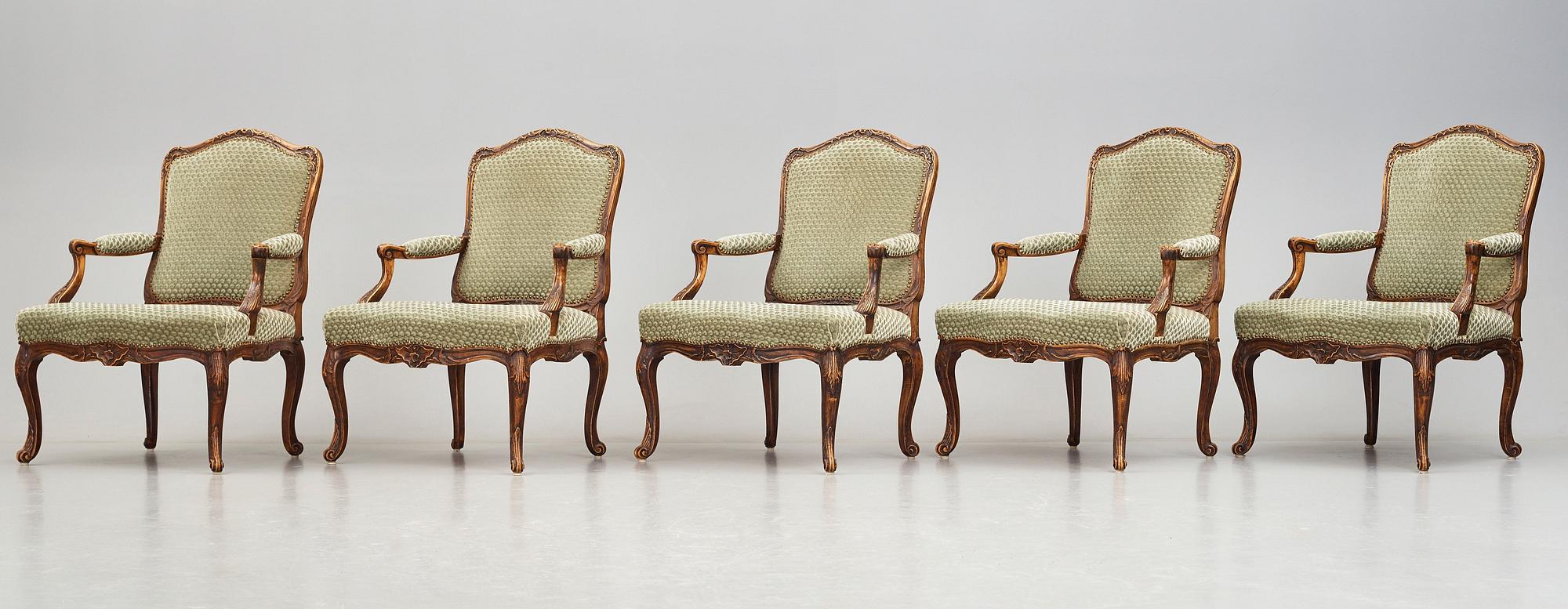 Seven French armchairs (two 18th century and five late 19th century).
