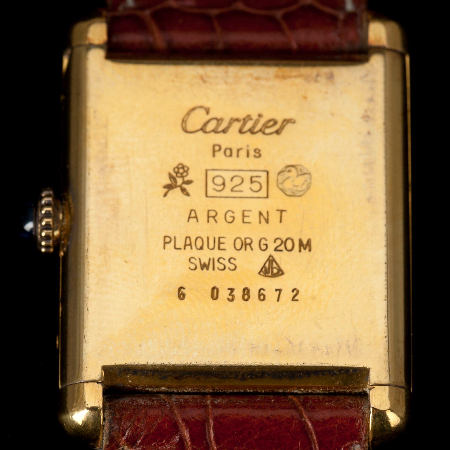 ARMBANDSUR, "Must De Cartier Tank" mekaaninen. Förgyllt silver 20 micron.