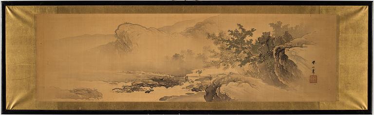 OIDENTIFIERAD KONSTNÄR, tusch och färg på textil lagt på papper. Japan, tidigt 1900-tal.