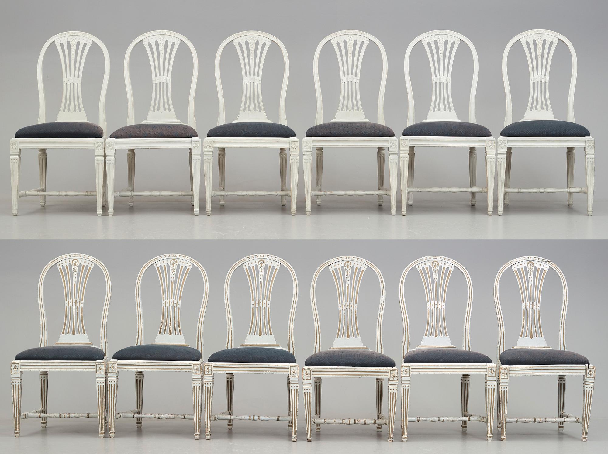 STOLAR, 12 st (6+6), tillskrivna Johan Lindgren, gustavianska, 1700-talets slut.