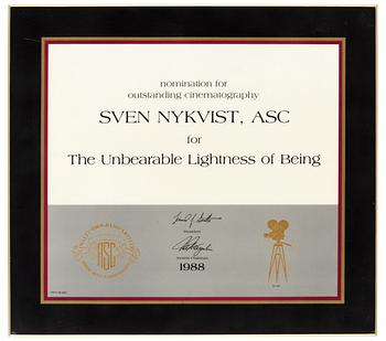 46. A NOMINATION PLAQUE, from American Society of Cinematographers. 1988.
