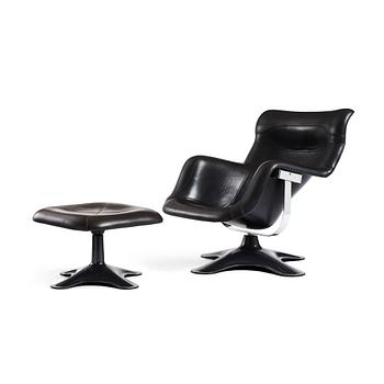 1040. Yrjö Kukkapuro, a "Karusellii" fibre glass and black leather lounge chair and ottoman, Haimi, Finland, 1960-70's.