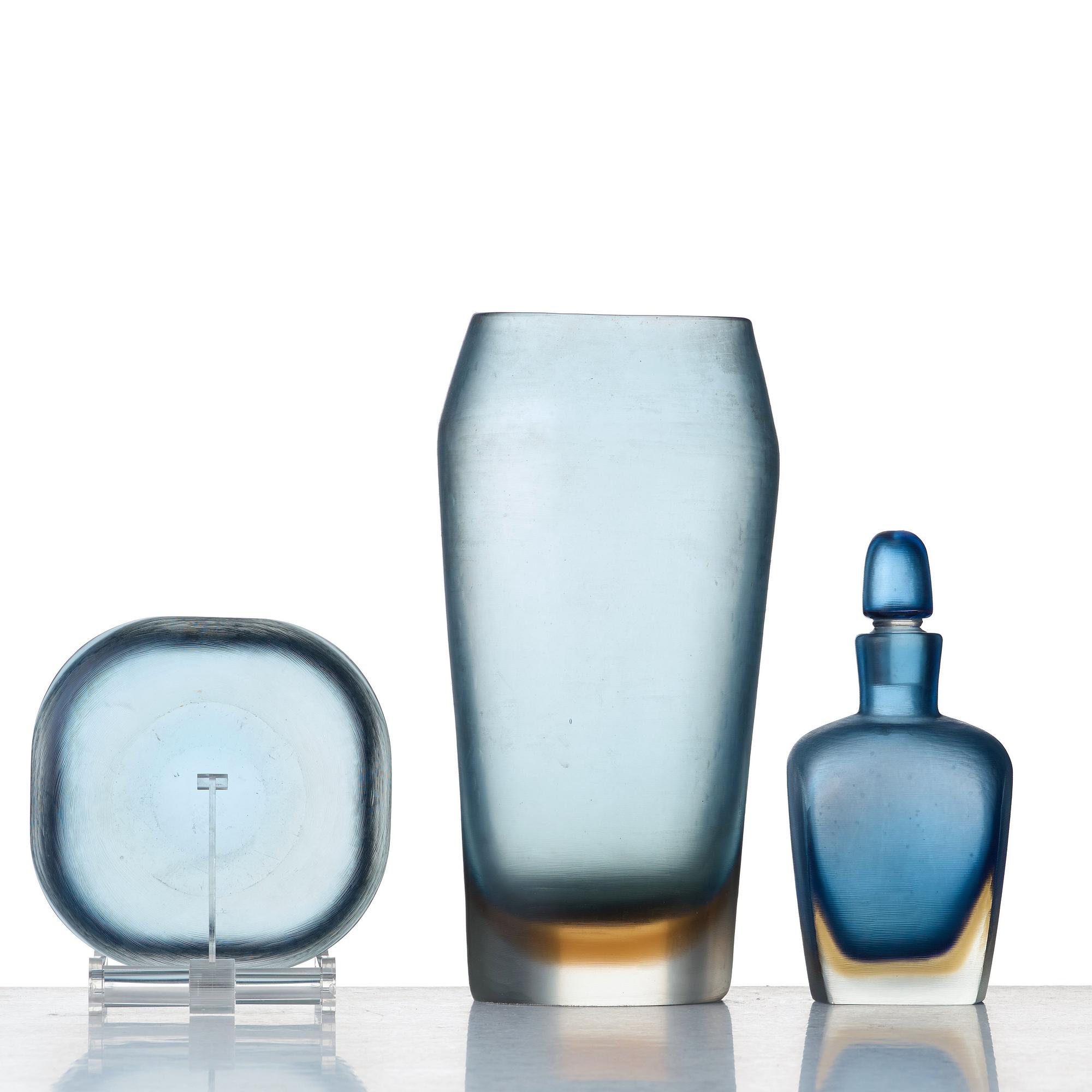Paolo Venini, a set of three "Incisi" glass objects by Venini, Murano Italy 1950's.