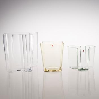 ALVAR AALTO, VASER, 3 st, glas, Iittala, 1980/90-tal.