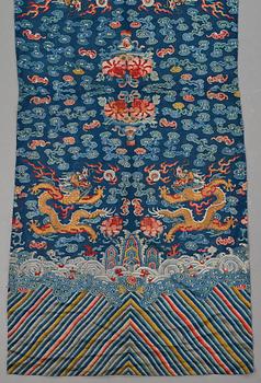 Three embroidered silk panels and a group of silk textiles, Qing dynasty (1644-1912).