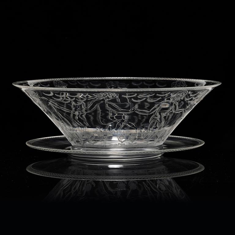 Edward Hald, an engraved glass bowl with plate, Orrefors, Sweden, 1926, model 305, engraved by Emil Goldmann.