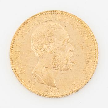 Gold coin, Oscar II, 20 kronor, type I, Sweden 1873.