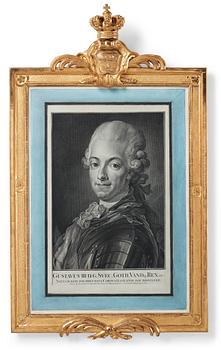 Per Gustaf Floding, "Gustav III” (1746-1792). Med träskuren och förgylld gustaviansk ram, krönt med riksvapnet.