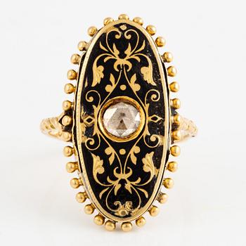 Ring, oval shape, 18K gold with black enamel and rose-cut diamond, 19th century.