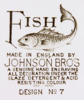 SERVISDELAR, 11 st, flintgods, "Fish", Johnson Bros, England.