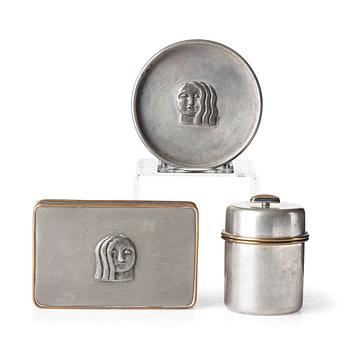 253. Firma Svenskt Tenn, Anna Petrus & Estrid Ericson, a pewter and brass box, a dish and a jar with cover, Stockholm 1927, 1930 and 1959.