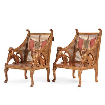 Helge Werner, a pair of gilt and carved Swedish Grace armchairs, ca 1920-30s.