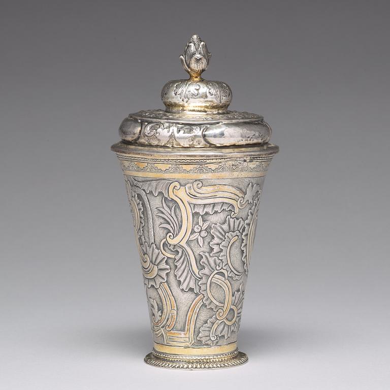 A Russian 18th century parcel-gilt silver beaker and cover, mark of Grigorij Poltow, Moscow (1755-1768).