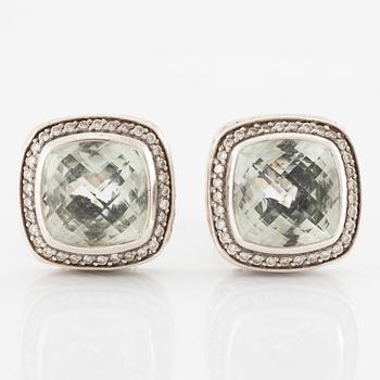 Earrings, silver with checkerboard-cut green quartz and brilliant-cut diamonds. David Yurman.