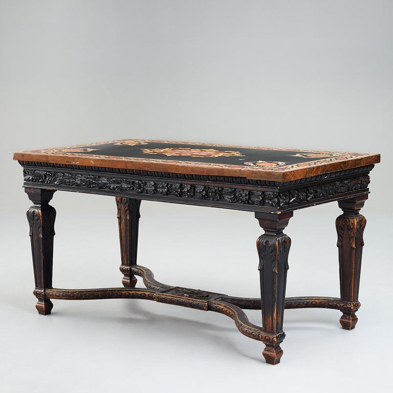A pietre dure top, Italy, circa 1900, probably Rome or Naples. The stand in Louis XIV-style.