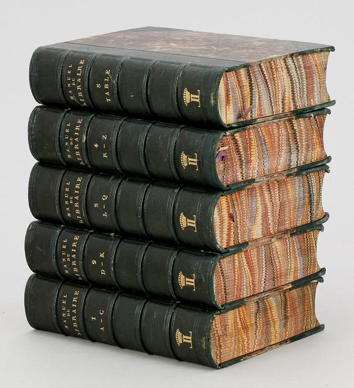 BIBLIOGRAFI, vol I-V, "Manuel du Libraire et de L´amateur de Livres" av J-C. Brunet, Paris 1842-44.
