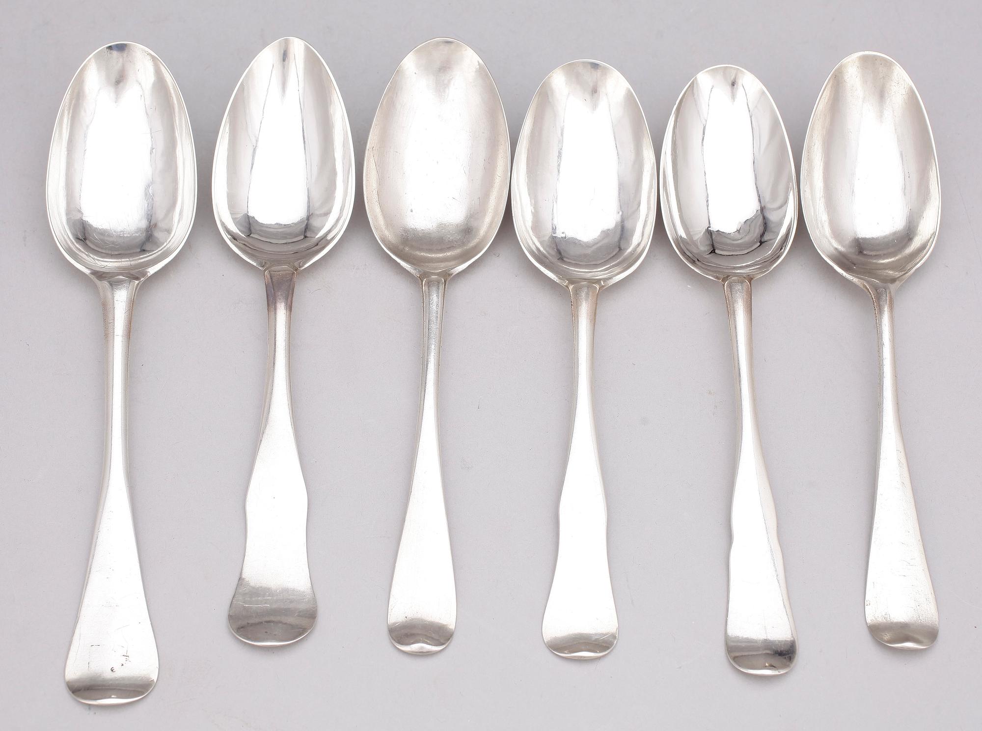 MATSKEDAR, 6 st, silver, bl a Lorenz Vick, Ulricehamn, 1773. 1700-tal. Totalvikt ca 285 gram.
