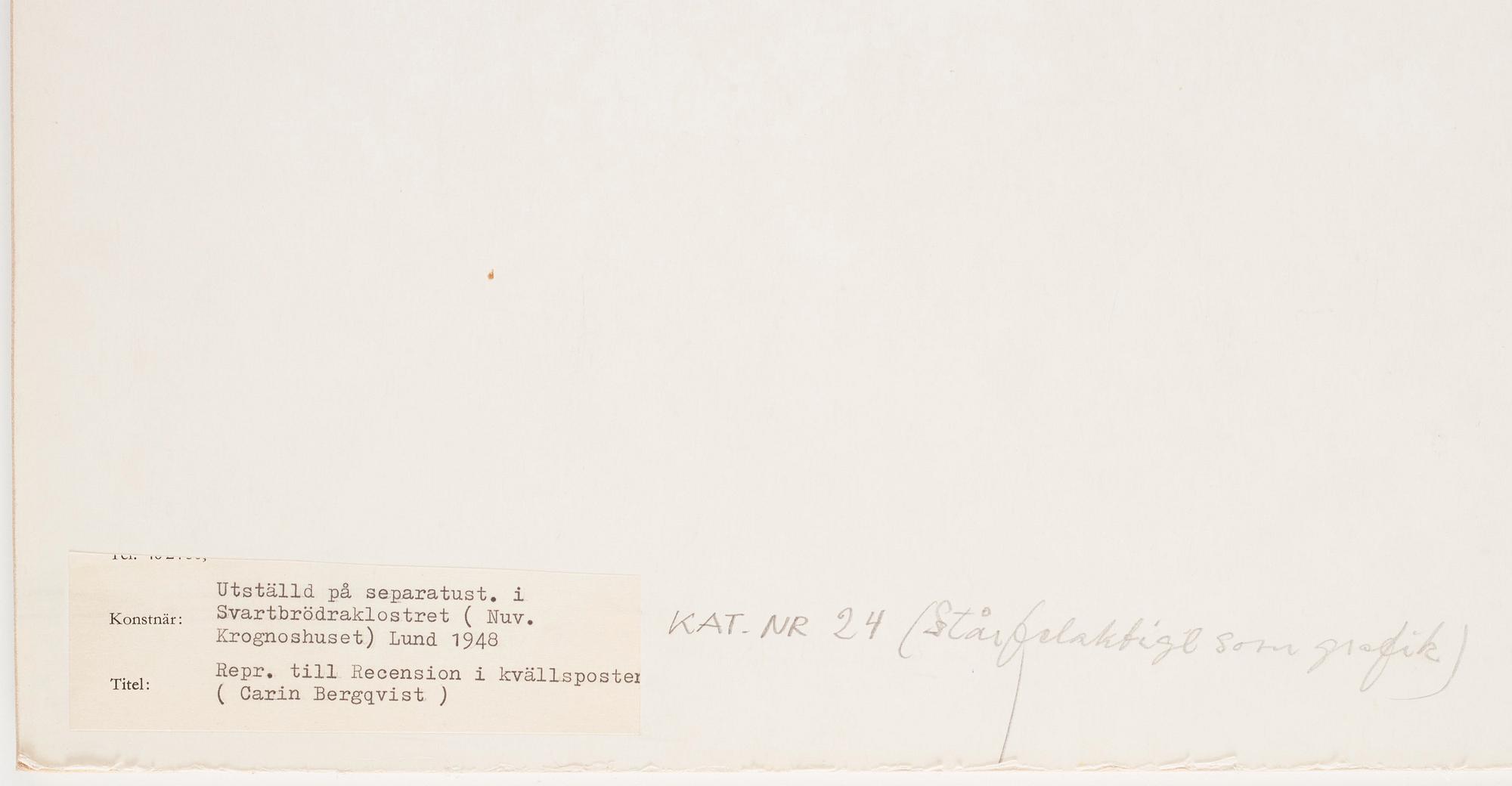 CO Hultén, Imprimage och frottage på papper, signerad och utförd 1947.