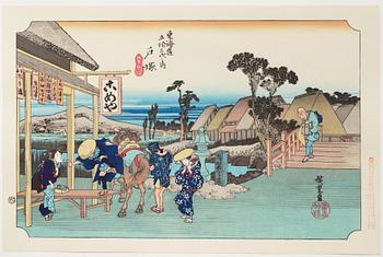ANDO HIROSHIGE, senare avdrag, mapp, "The fifty-three stations on the tokaido", utgiven av Kata Hanga Kenkyujo.