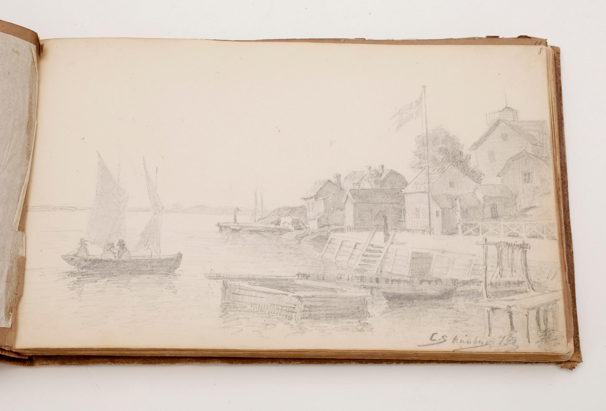 ALBUM MED TECKNINGAR, bla 2 st av Carl Larsson, Carl Skånberg, Fritz Thaulow, Per Ekström. Mest 1870 och 1880-tal.