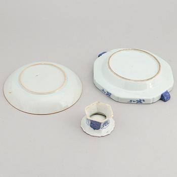 A blue and white hot water dish and a salt, an imari dish, Qing dynasty, 18th Century.