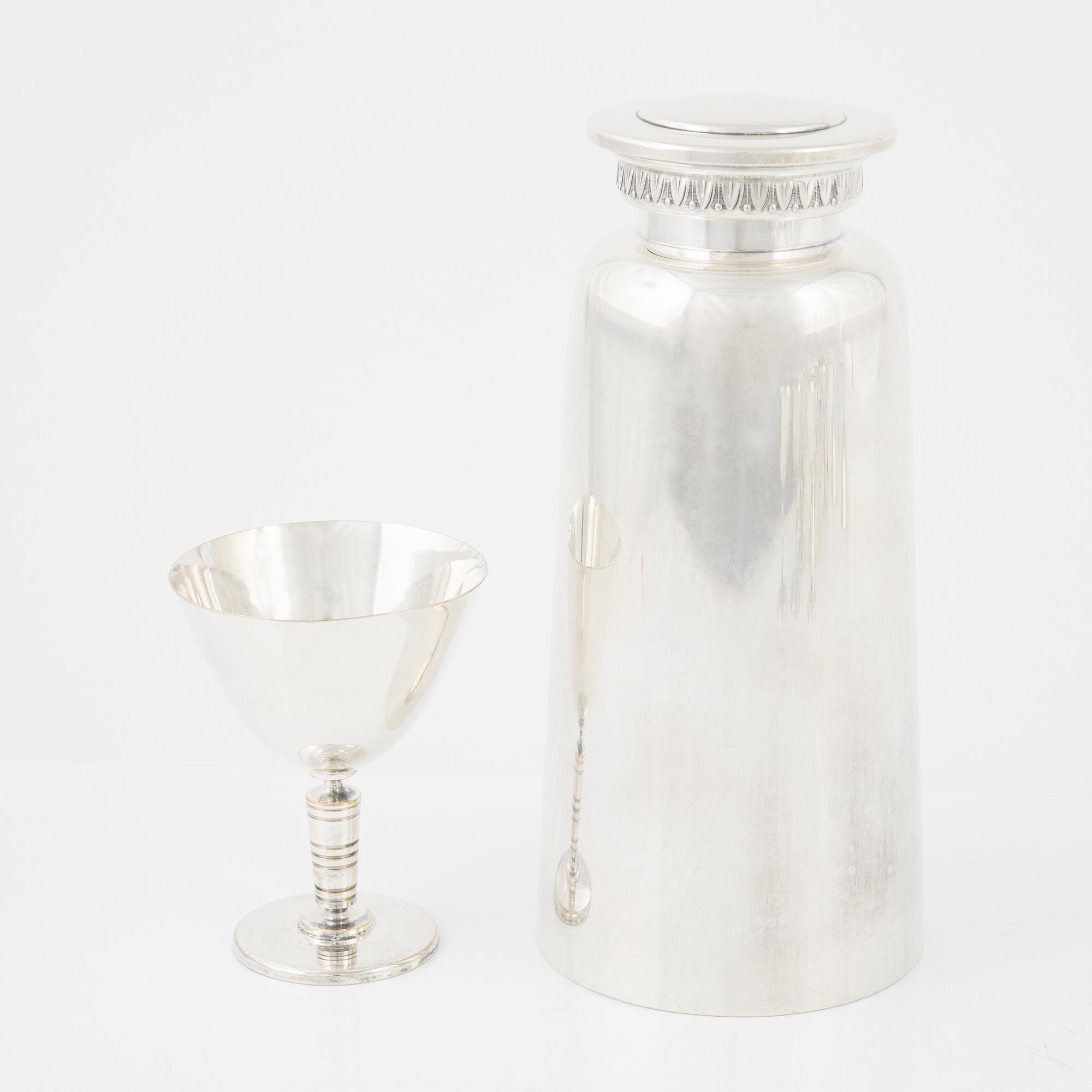Shaker, tray and cocktail glass, silver plated.