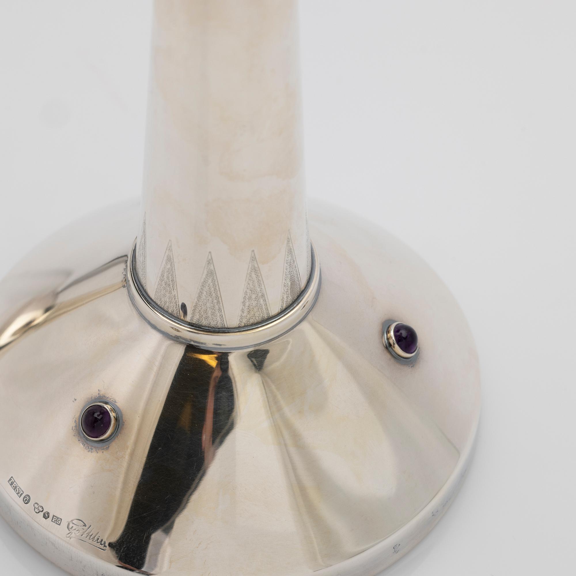 Tage Göthlin, candlesticks, a pair, silver with amethysts, Tesi, Gothenburg, 1965.