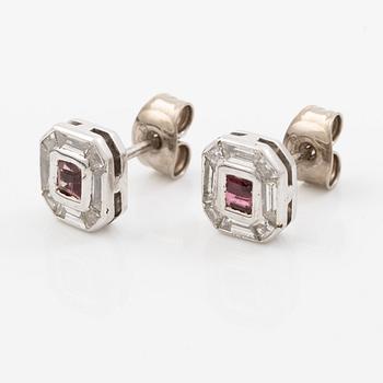 Earrings 18K white gold in octagonal shape with modified baguette-cut diamonds and pink stones.