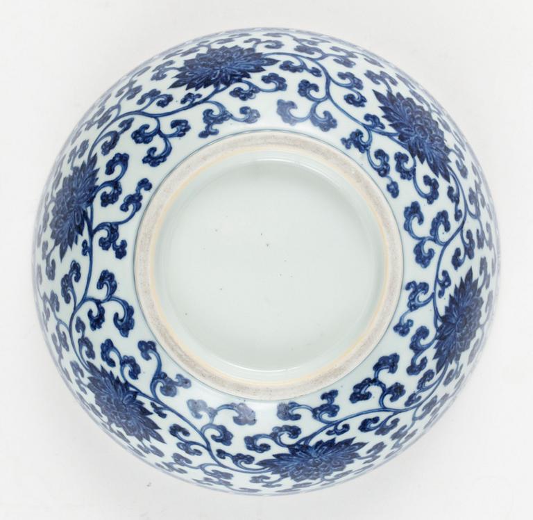 A large blue and white Ming style 'dice' bowl, Qing dynasty, Yongzhengs six character mark in a line and of the period (1723-35).
