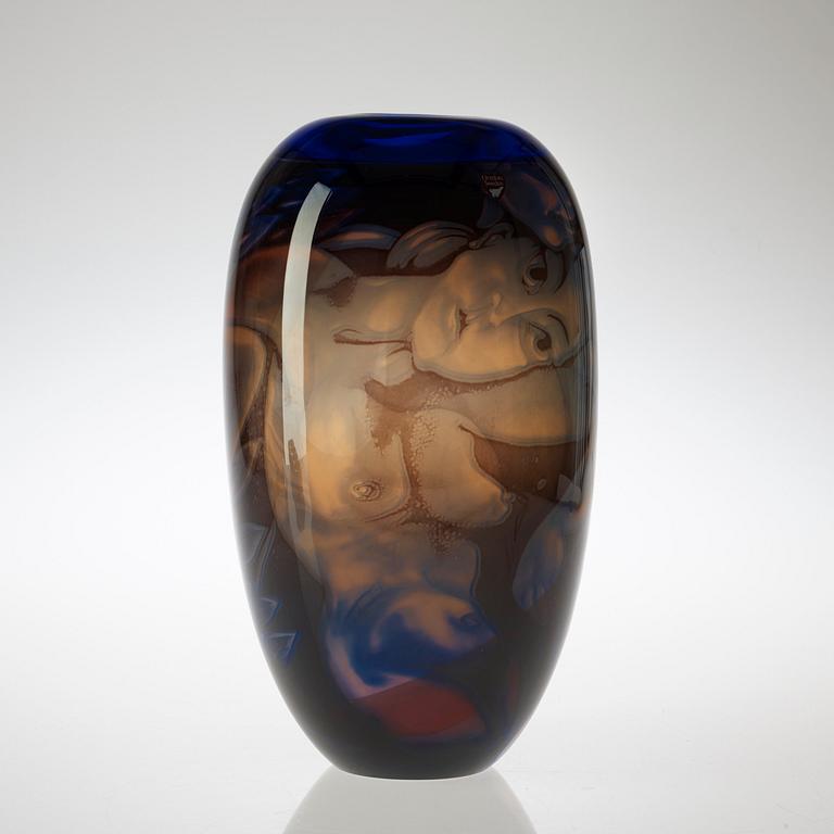 An Eva Englund 'graal' glass vase, 'Dancing Eros', Orrefors 1988.