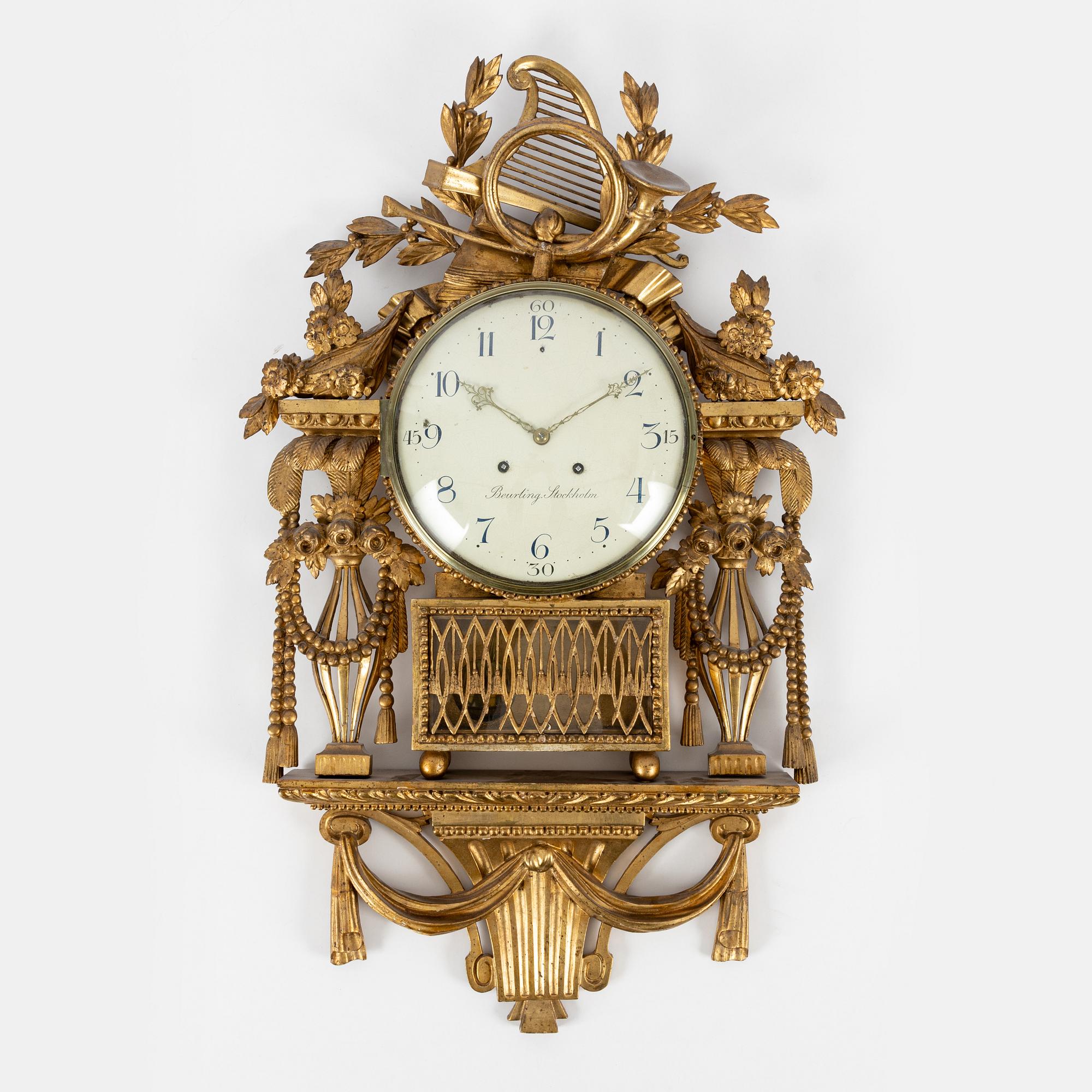 A late Gustavian wall clock by Per Henrik Beurling (master in Stockholm 1783-1806).