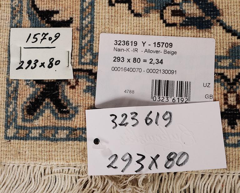 A runner carpet, Nain, part silk, ca 293 x 80 cm.