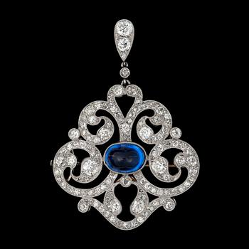 991. A cabochon cut sapphire and old cut diamonds brooch app. tot. 3.00 cts.