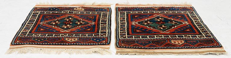 A pair, semi-antique rug, Döşemealtı, Antalya region, Turkey, ca 75 x 77 cm.