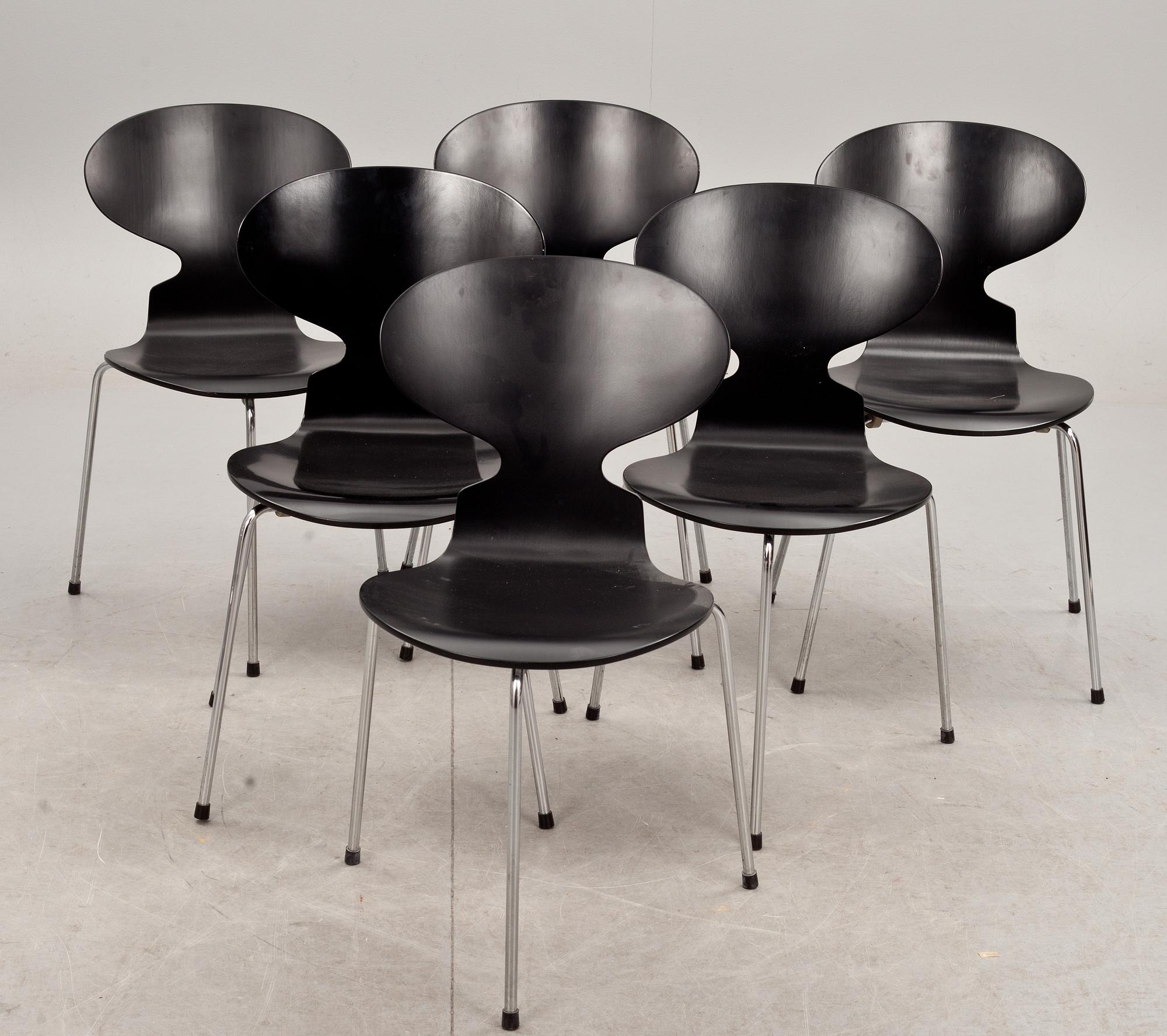 STOLAR, 3+3 st, "Myran", Arne Jacobsen,  Fritz Hansen, 1990-tal, etikettmärkta.