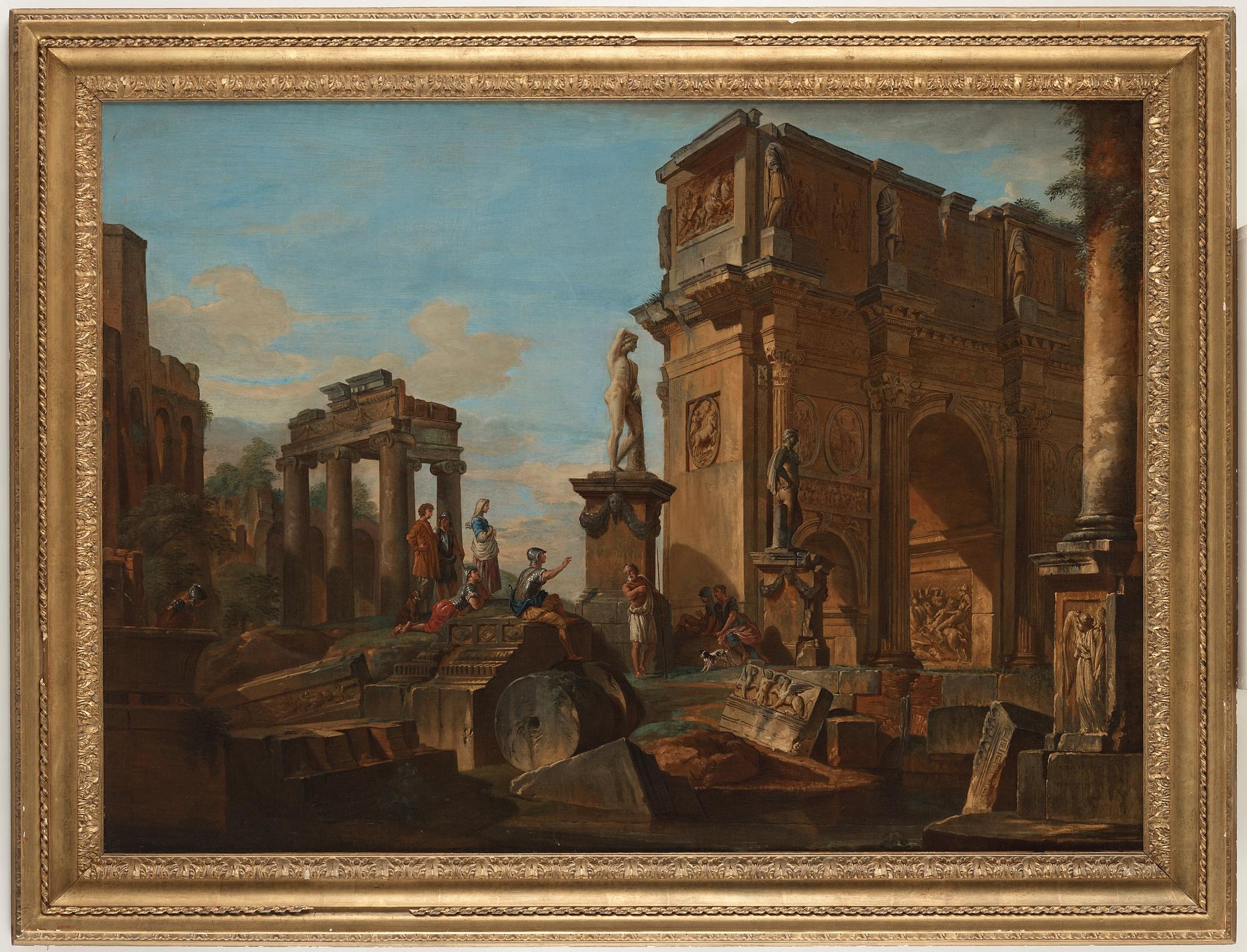 Giovanni Paolo Panini, Capriccio med figurer vid romerska ruiner och Konstantinbågen.