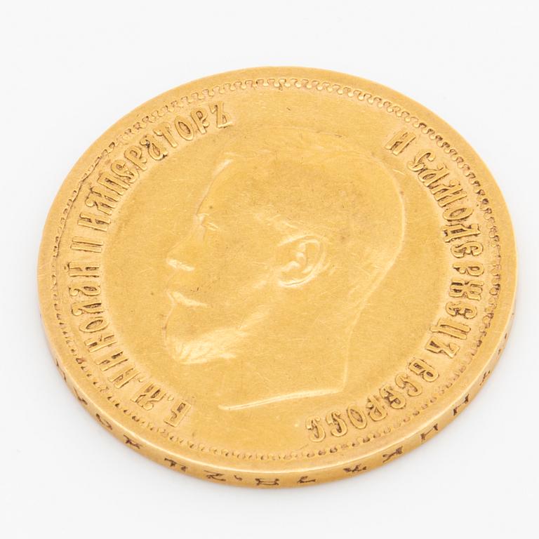 A Russian 10 Rubel gold coin, Nicolas II, 1899.