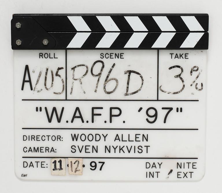 CLAPPER BOARD from the movie-making of the movie "W.A.F.P 97", Celebrity life, USA 1997. Director: Woody Allen.