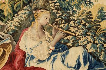 A tapestry, “La poesie pastoral”, tapestry weave, ca 251,5 x 283 cm, after Boucher, France 18th century.