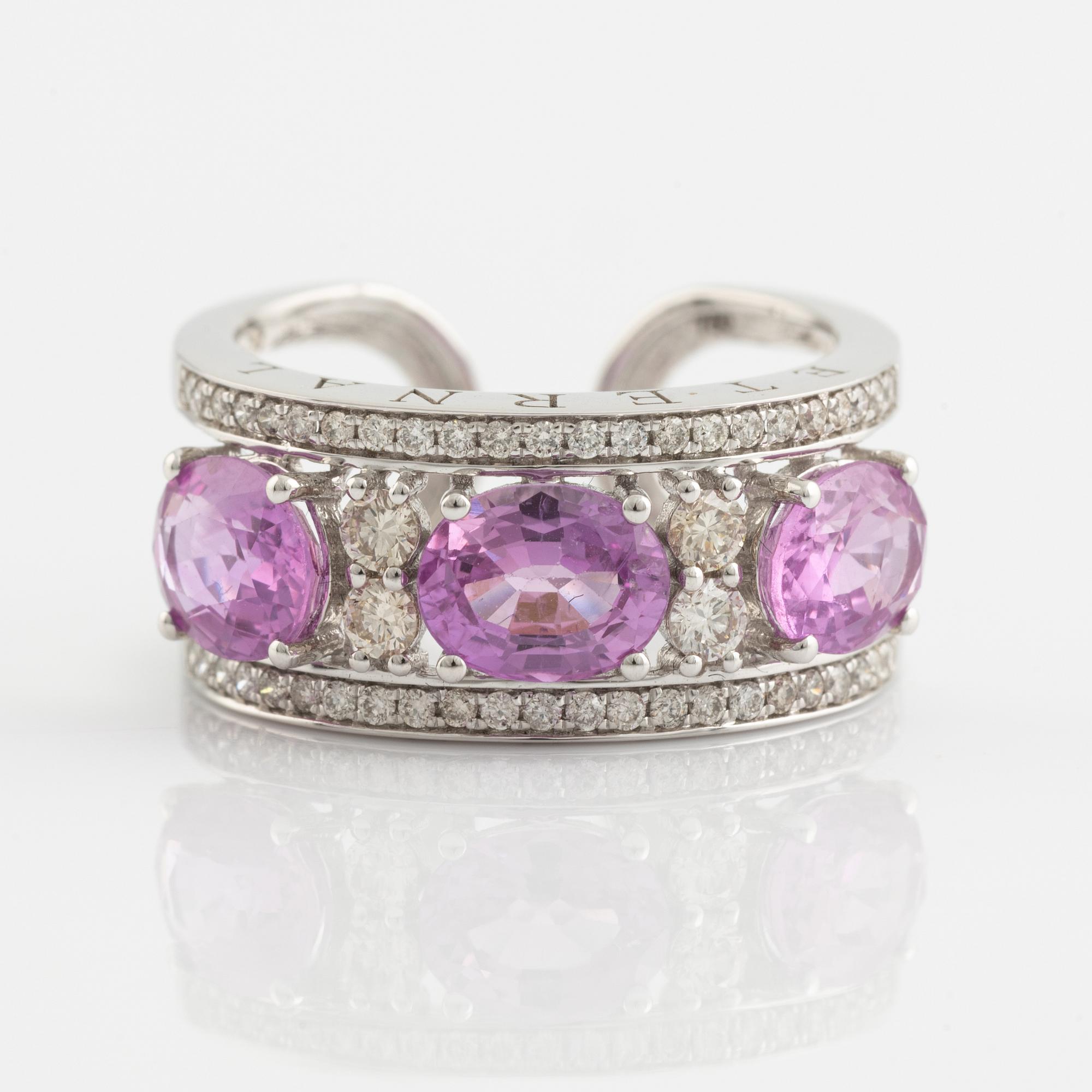 Pink sapphire and brilliant cut diamond ring.
